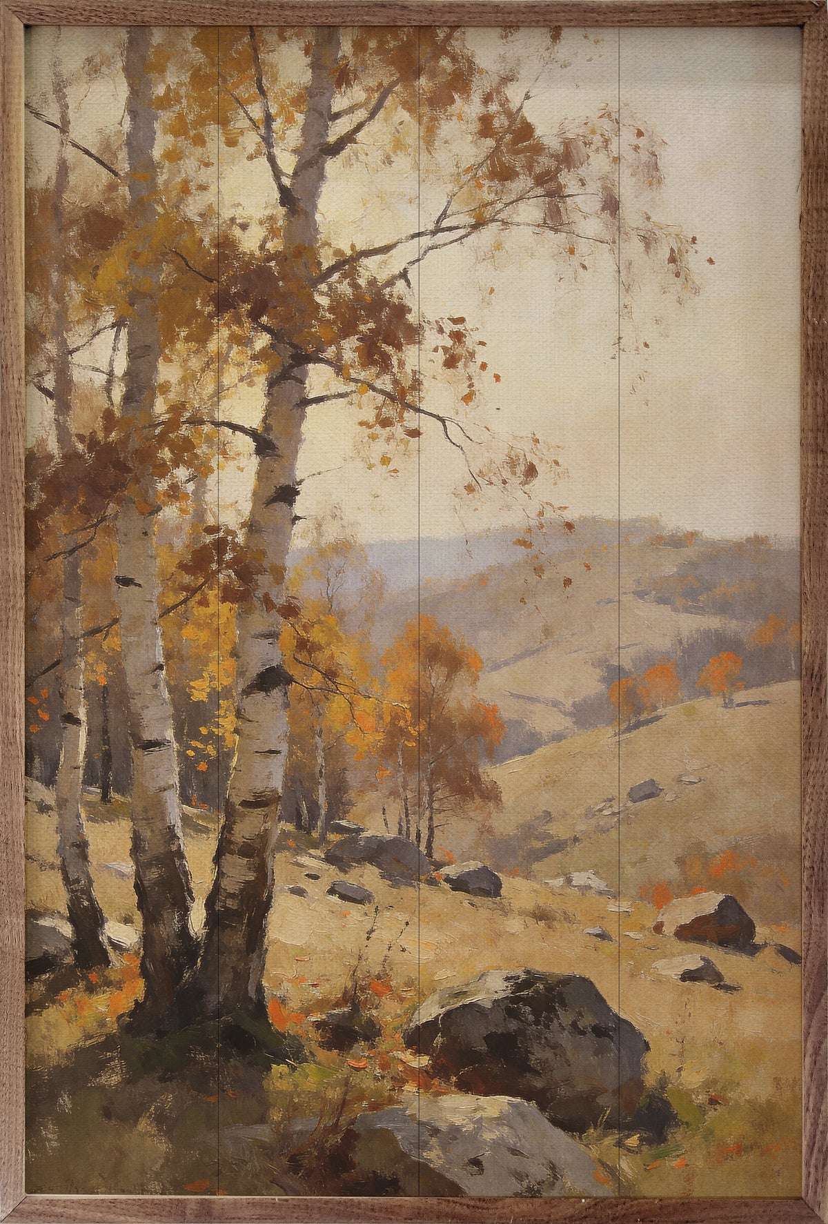 Walnut picture frame featuring a Golden Birch in Autumn Hills landscape, designed by Kendrick Home, 10x16 size.