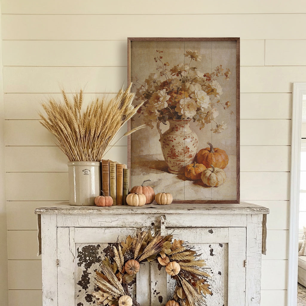 Walnut frame with soft autumn floral and pumpkin still life art by Kendrick Home, 10x16 inch wall decor.