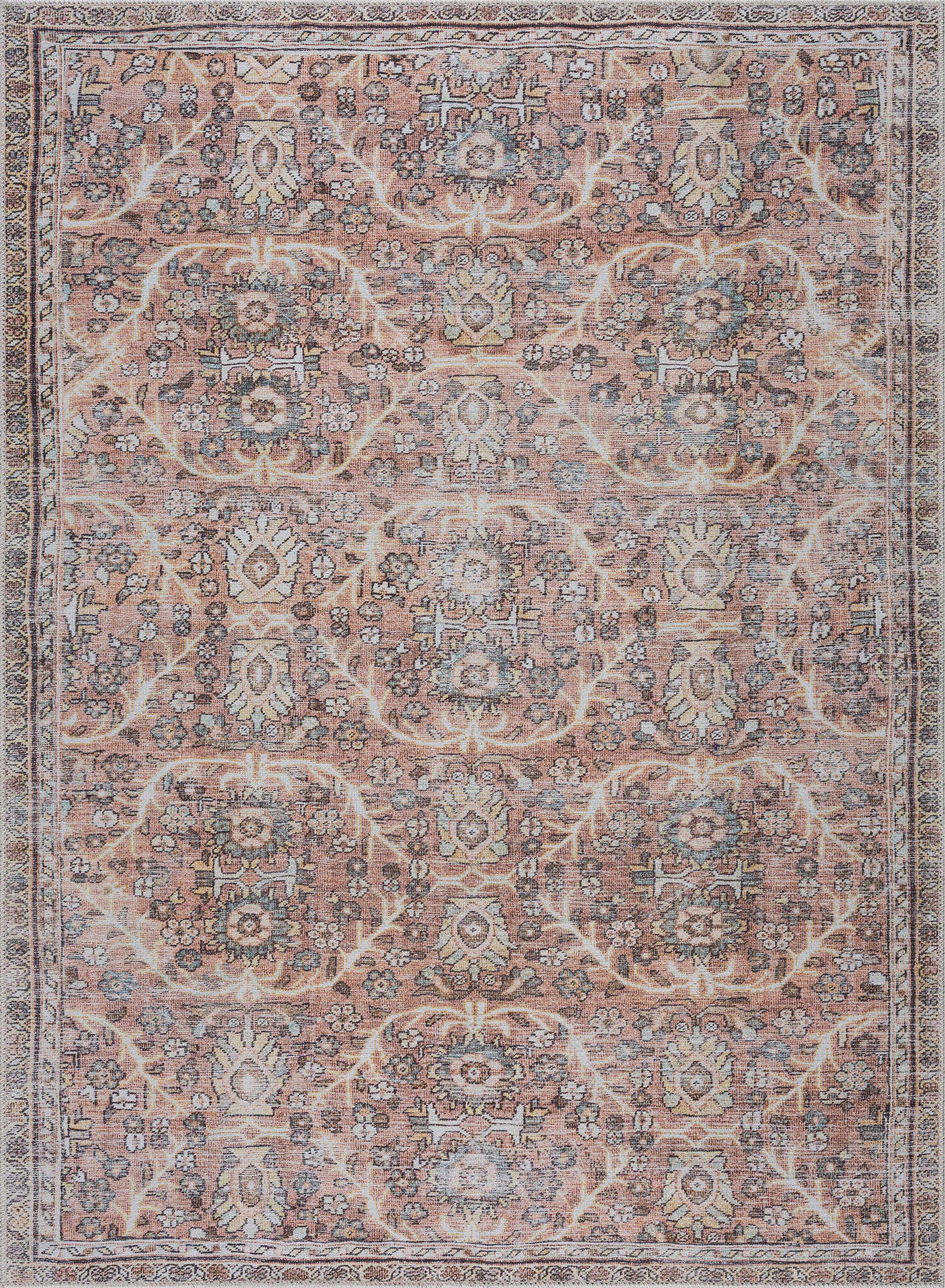 Hauteloom Urpi Rose and Brown washable area rug with floral pattern, soft texture, ideal for living rooms or bedrooms.