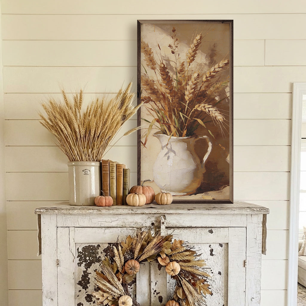 Wheat and field grass arrangement in walnut frame by Kendrick Home, displayed in a 12x24 inch decorative wall art piece.