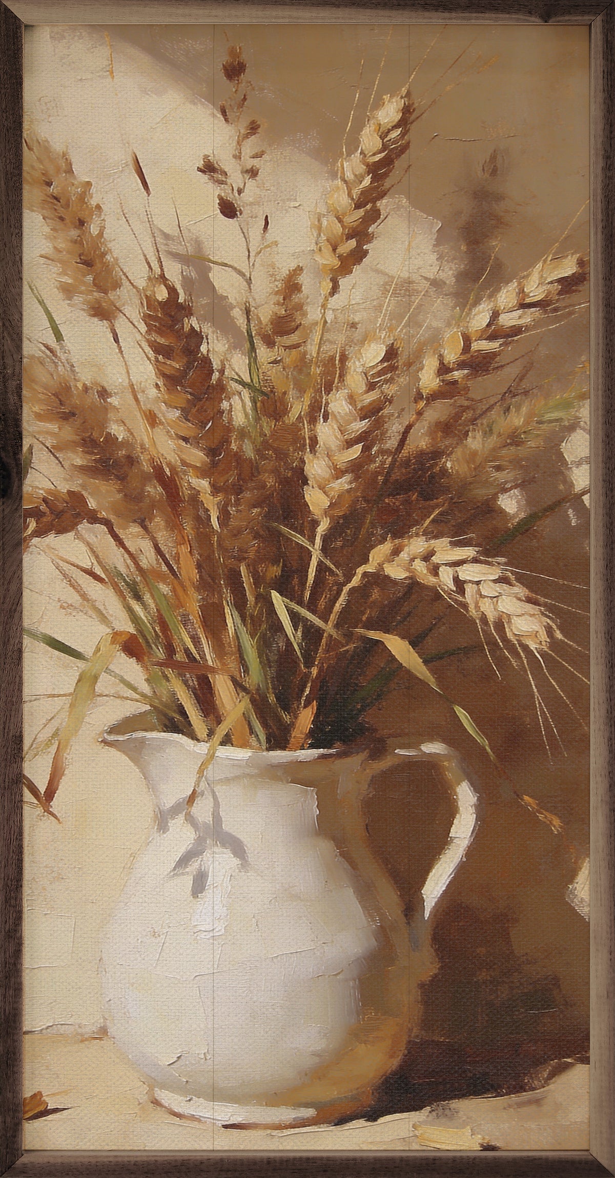 Wheat and field grass arrangement in walnut frame by Kendrick Home, 12x24 inch decorative wall art with natural earthy tones.