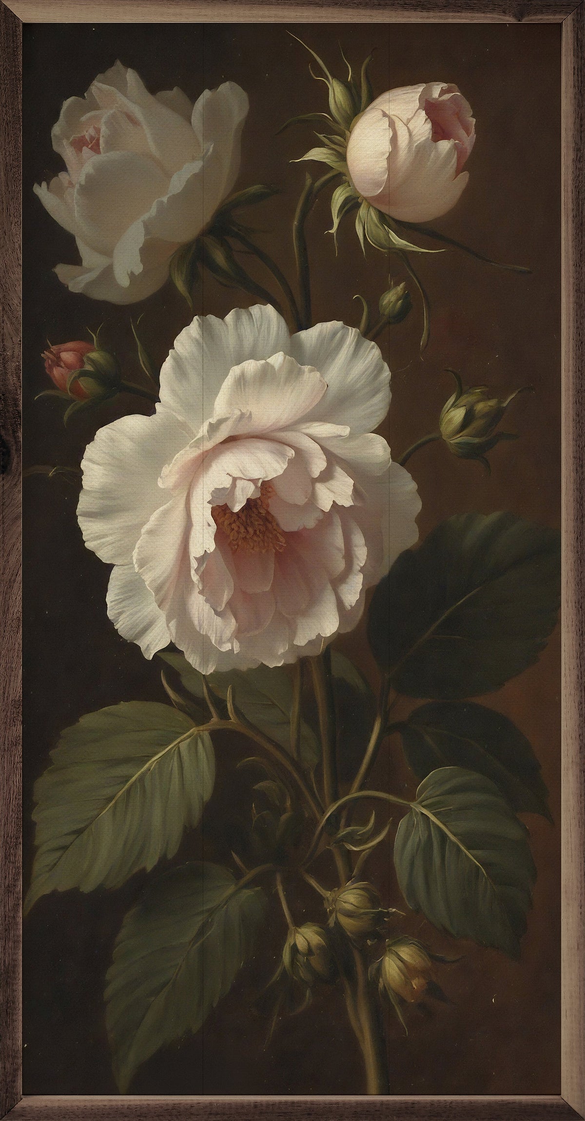 Walnut frame with vintage ivory peonies floral print, 12x24 inches, by Kendrick Home. Elegant botanical wall decor.