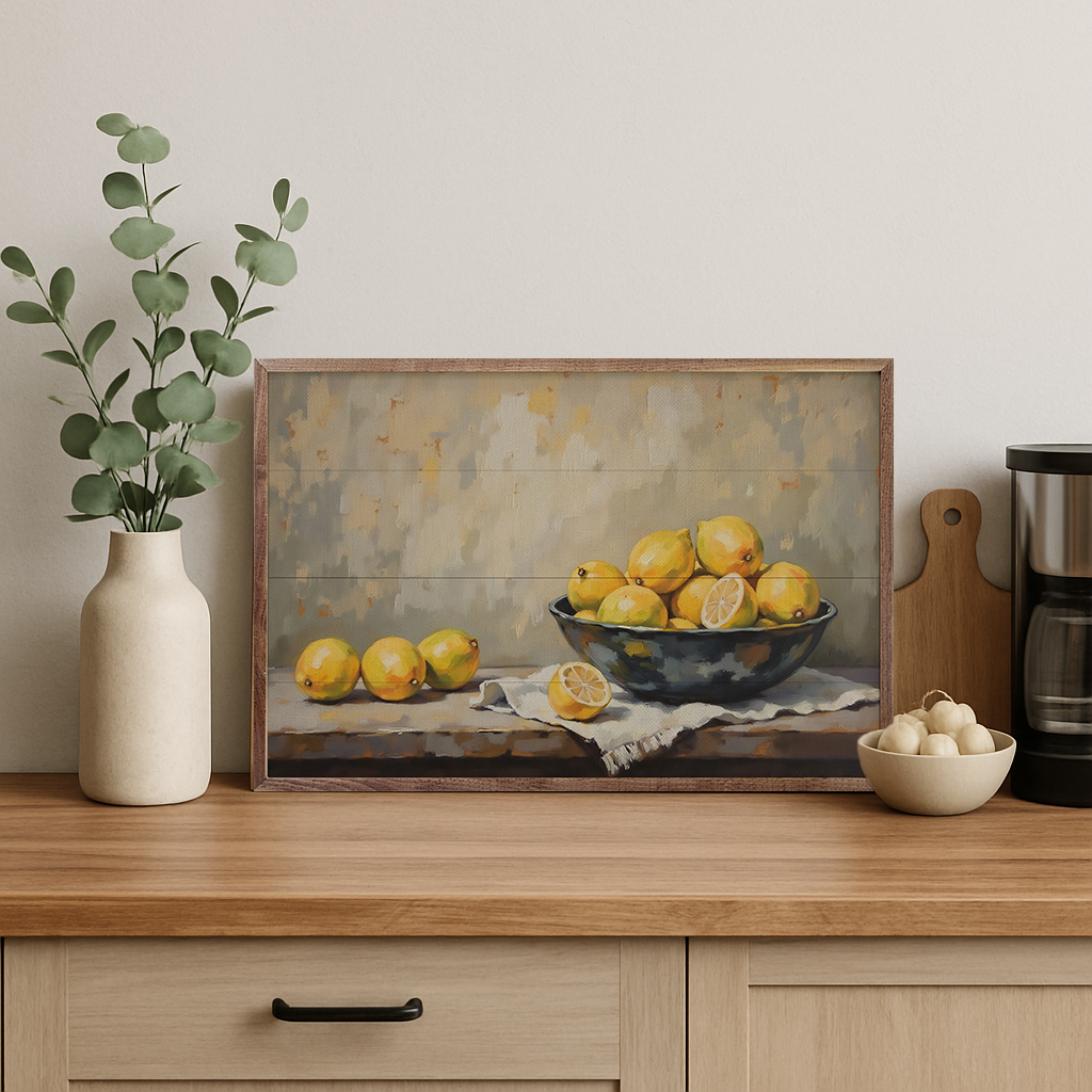 Walnut frame featuring a bowl of bright yellow lemons, part of Kendrick Home’s decorative wall art collection.