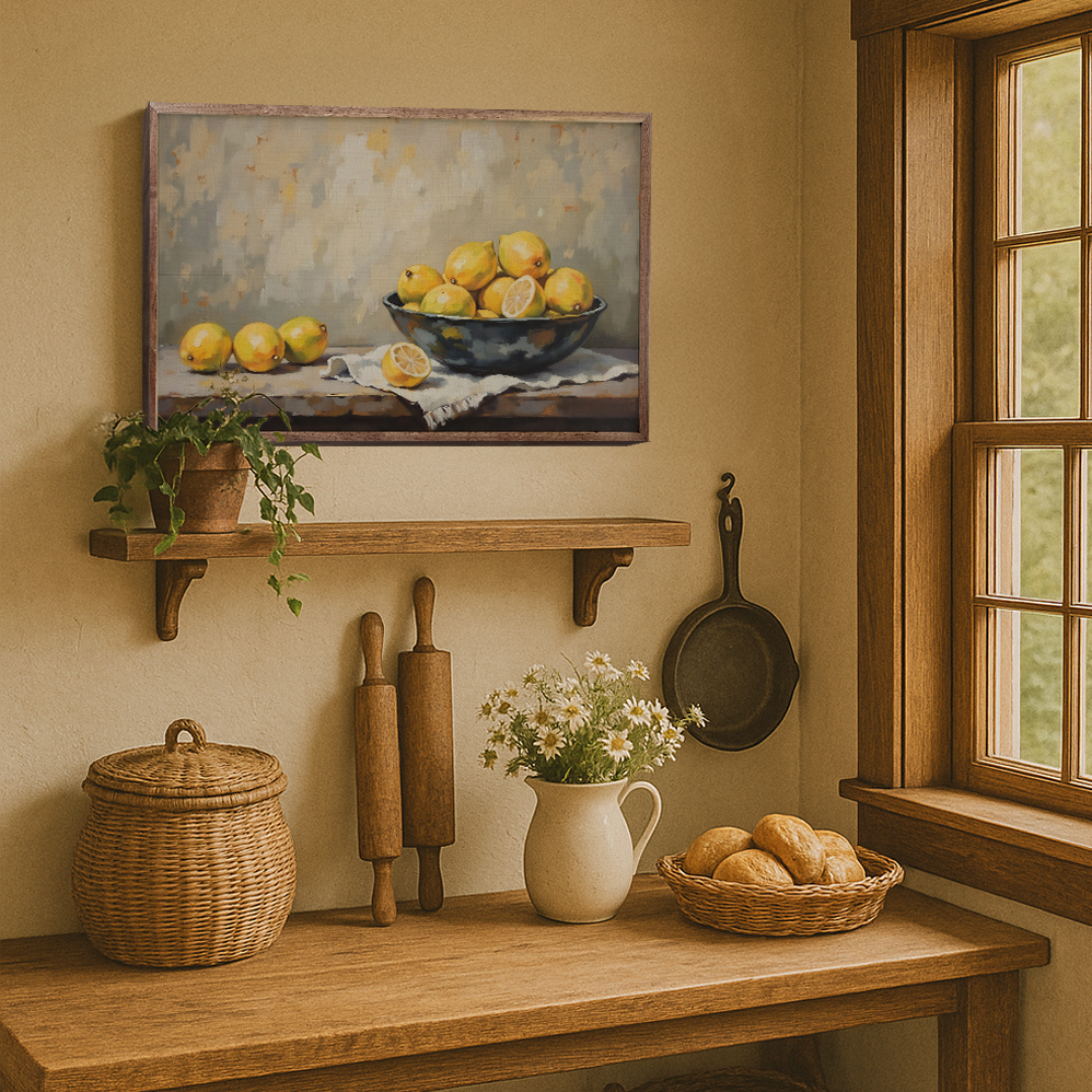 Walnut frame with a bowl of fresh lemons, displayed on a table, in a Kendrick Home wall art print.