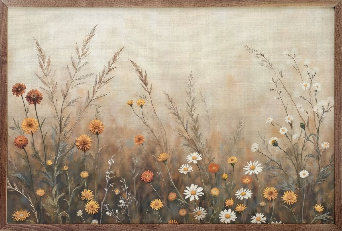 Walnut frame featuring a fall field scene with mums and daisies, suitable for home decor by Kendrick Home.