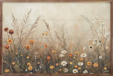 Walnut frame featuring a fall field scene with mums and daisies, suitable for home decor by Kendrick Home.