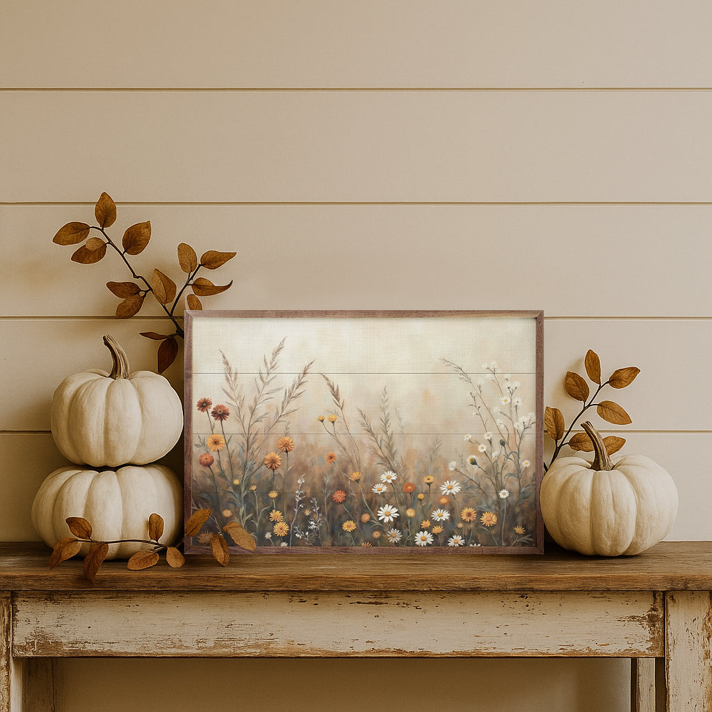 Walnut frame featuring a fall field scene with mums and daisies, perfect for autumn home decor.