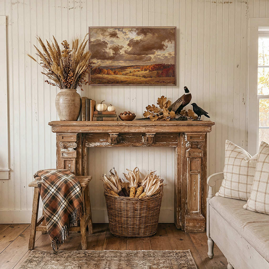 Walnut framed artwork titled Flyover Autumn Woods by Kendrick Home, showcasing a scenic autumn forest scene in natural walnut frame.
