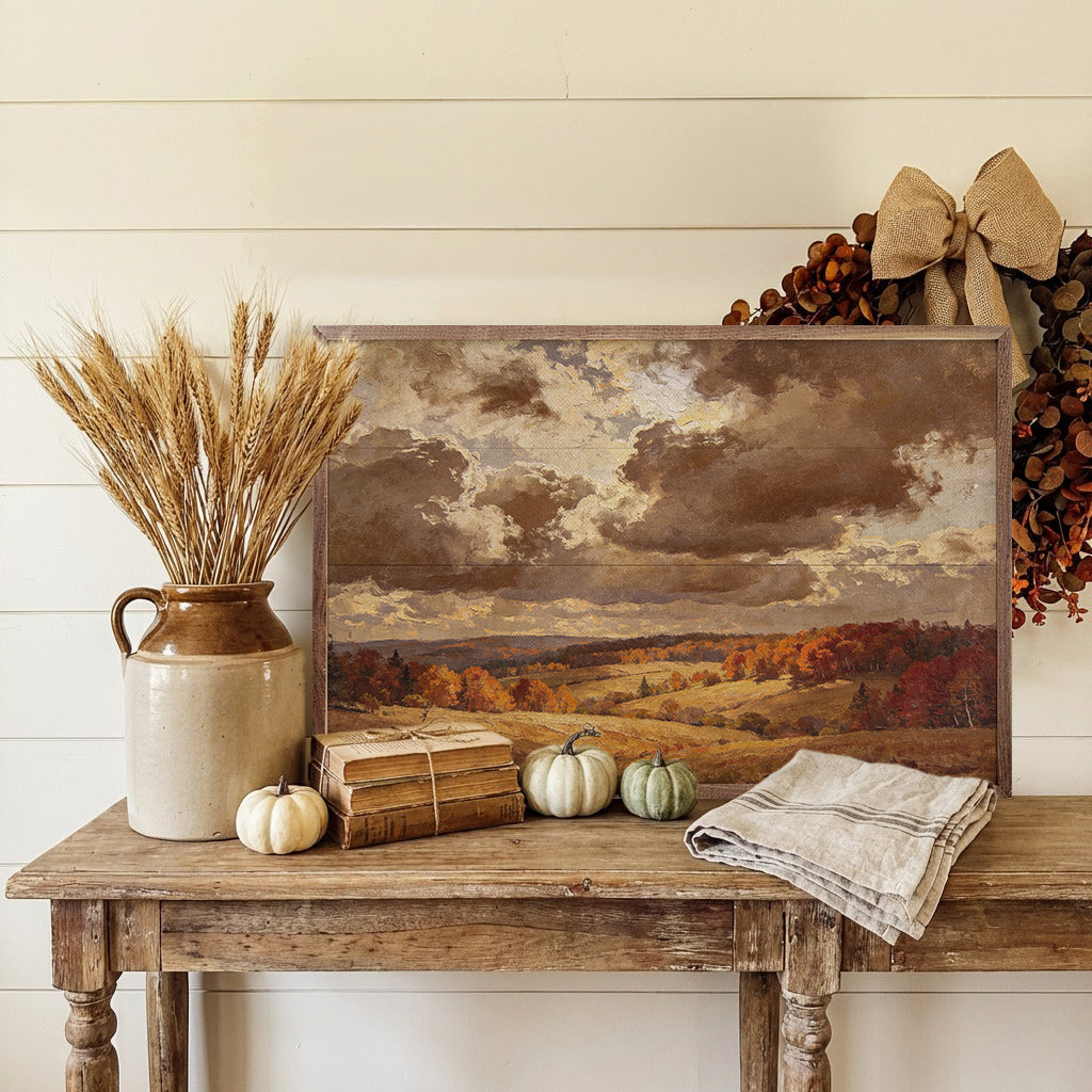 Walnut framed artwork titled Flyover Autumn Woods by Kendrick Home, featuring a scenic autumn woods landscape on a 16x10 inch canvas.