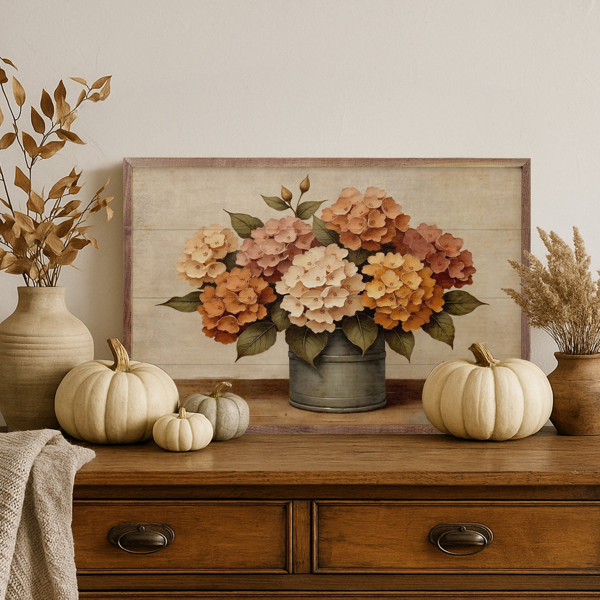 Beautiful hydrangea fall bouquet in a walnut frame, featuring vibrant seasonal flowers by Kendrick Home.