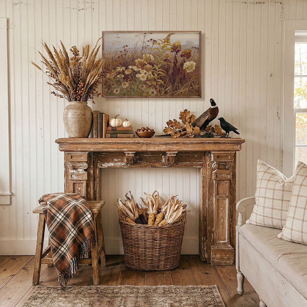 Walnut framed print of a late season wildflower meadow by Kendrick Home, featuring vibrant colorful wildflowers in natural scenery.