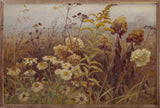 Walnut framed artwork featuring a vibrant late season wildflower meadow, showcasing colorful wildflowers and lush greenery.