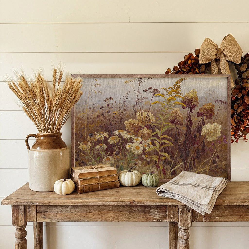 Walnut framed artwork featuring a vibrant late season wildflower meadow with colorful wildflowers and lush greenery.