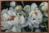 Walnut picture frame featuring Peony Season I with Blue artwork by Katrina Pete, displayed on a white background.