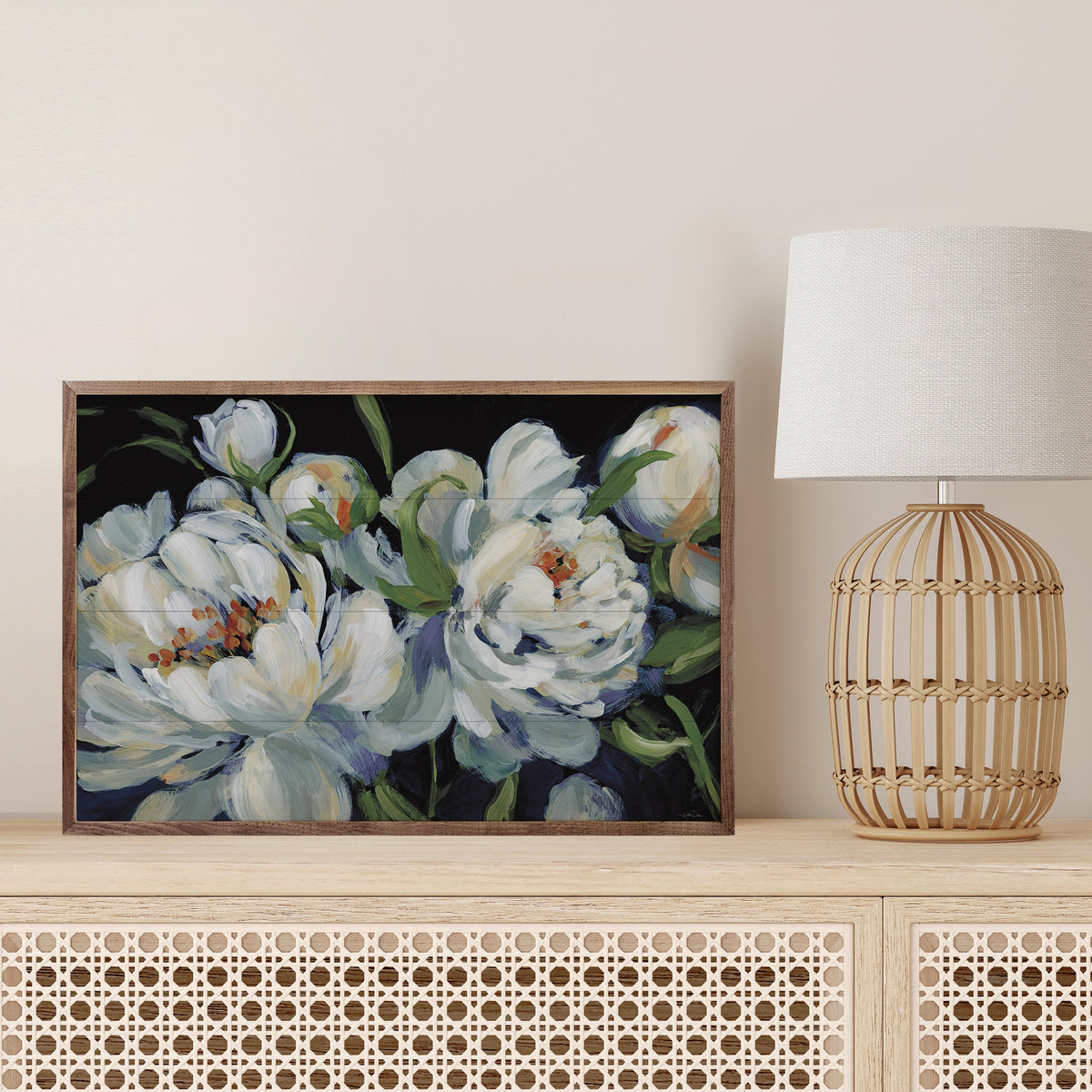 Walnut picture frame featuring Peony Season I with Blue artwork by Katrina Pete, 16x10 inch Kendrick Home frame.