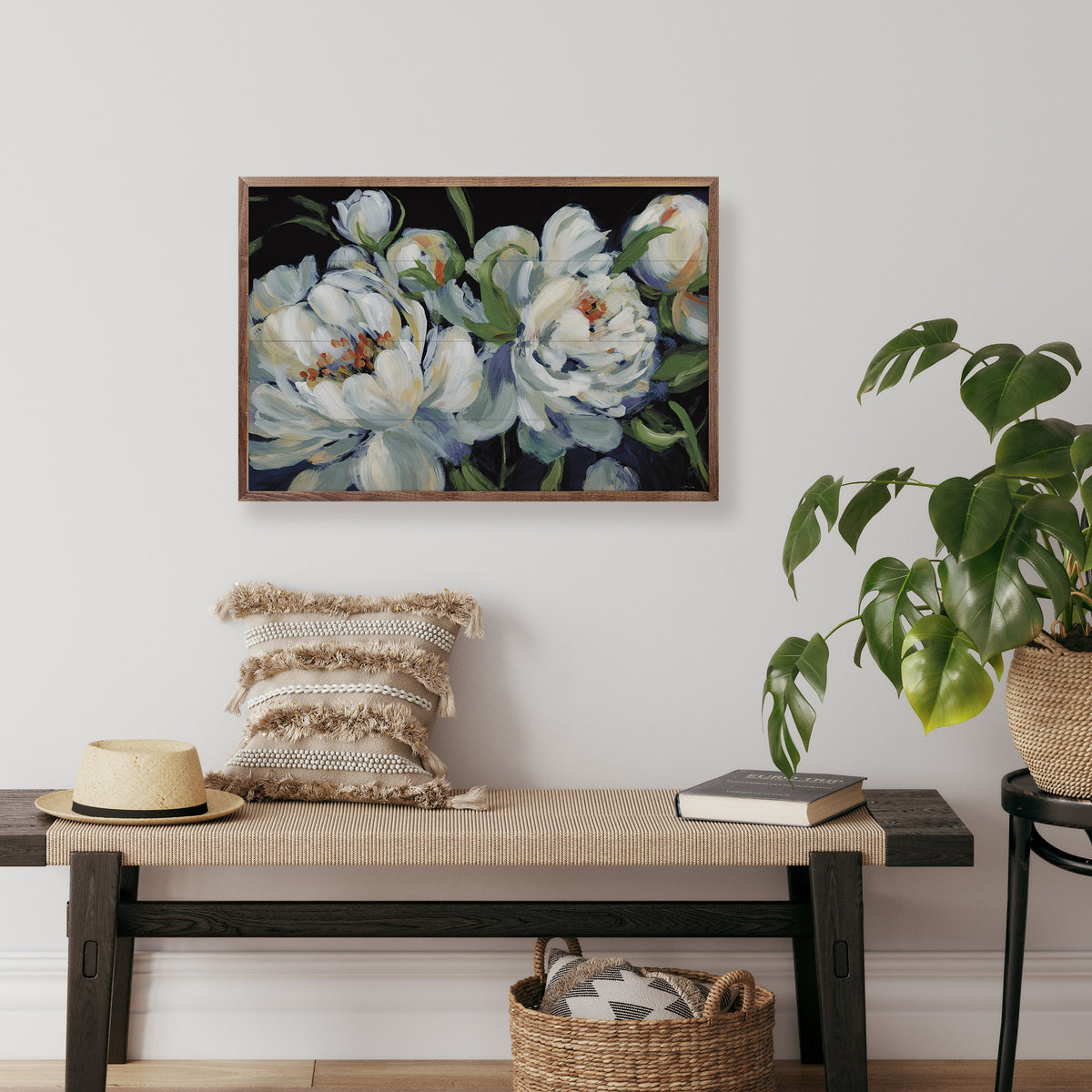 Walnut frame featuring artwork from Peony Season I With Blue by Katrina Pete, designed by Kendrick Home.
