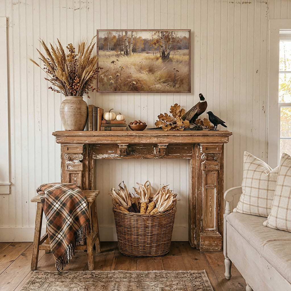 Walnut frame with soft prairie grasses and birch trees artwork by Kendrick Home, 16x10 inch print.