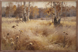 Walnut framed artwork featuring soft prairie grasses and birch trees, designed by Kendrick Home.
