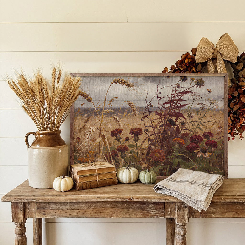 Walnut picture frame titled Stormy Auburn Field by Kendrick Home, 16x10 inches, showcasing rich auburn and stormy hues.