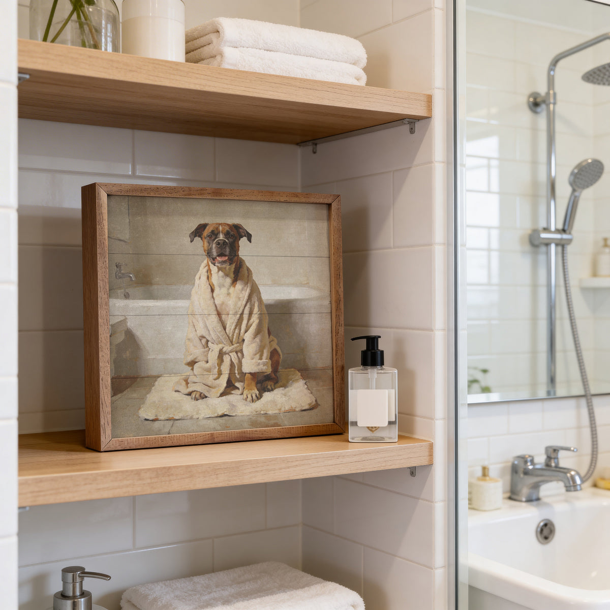 Walnut frames Bath Time Boxer Robe by Kendrick Home displayed in a bathroom setting with soft fabric and stylish design.