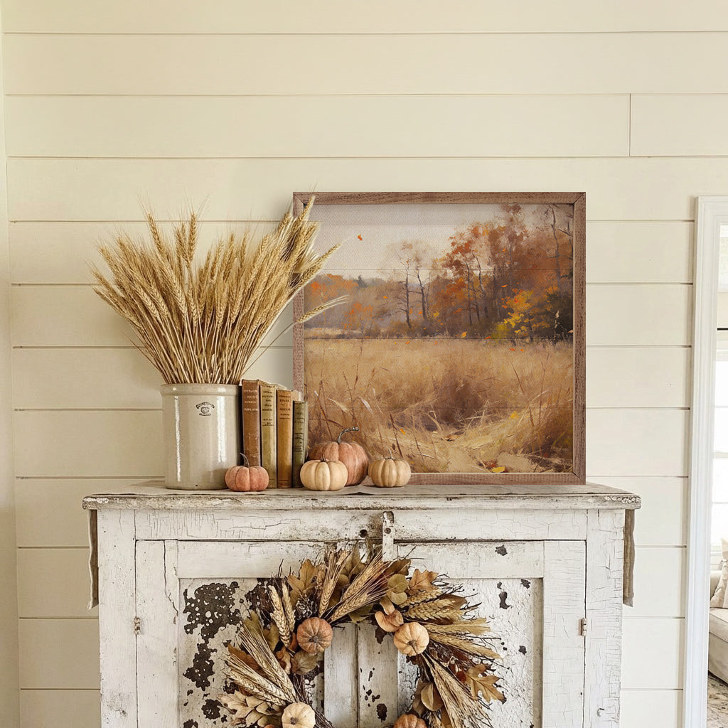 Walnut framed artwork titled Quiet Autumn Meadow by Kendrick Home, showing a serene autumn landscape in a 16x16 inch frame.