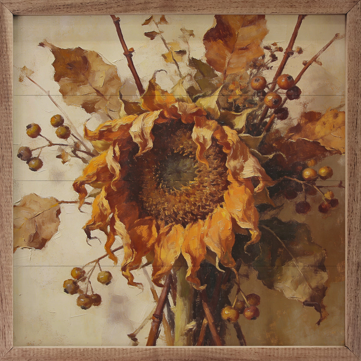 Walnut picture frame featuring a sunflower and berries design, ideal for home decor by Kendrick Home.