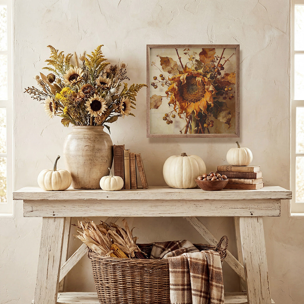 Walnut picture frame with sunflower and berries design by Kendrick Home, 16x16 inches, decorative wall art with floral and fruit motifs.