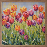Walnut framed artwork titled Tulip Field II by Kendrick Home, with vibrant tulip design in a 16x16 inch size.