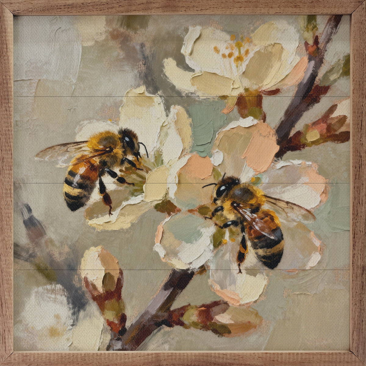 Walnut frame with Two Busy Bees Flower Buds artwork by Kendrick Home, showcasing vibrant flower and bee details in a 16x16 inch frame.