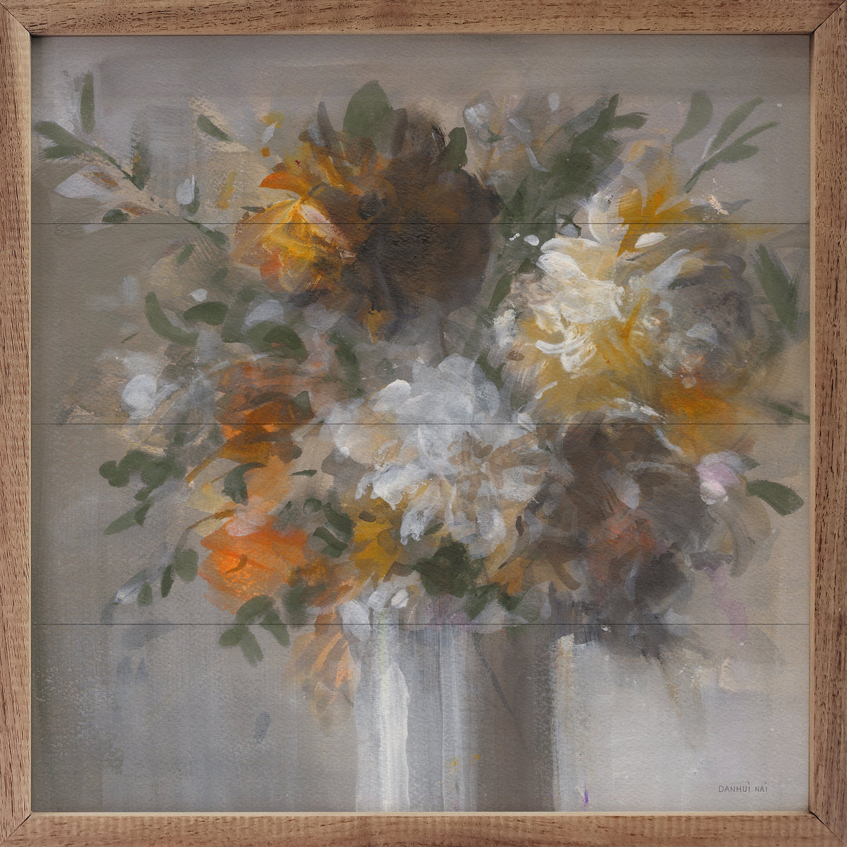 Walnut frame featuring artwork of a weekend bouquet with green accents by Danhui Nai, displayed in a 16x16-inch Kendrick Home display.