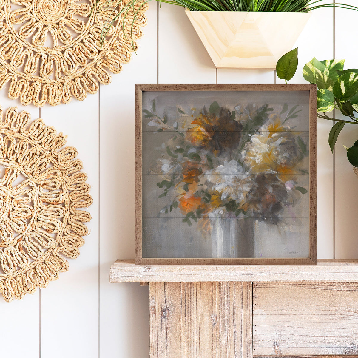 Walnut frame displaying artwork titled Weekend Bouquet With Green by Danhui Nai, featuring vibrant floral and green accents.