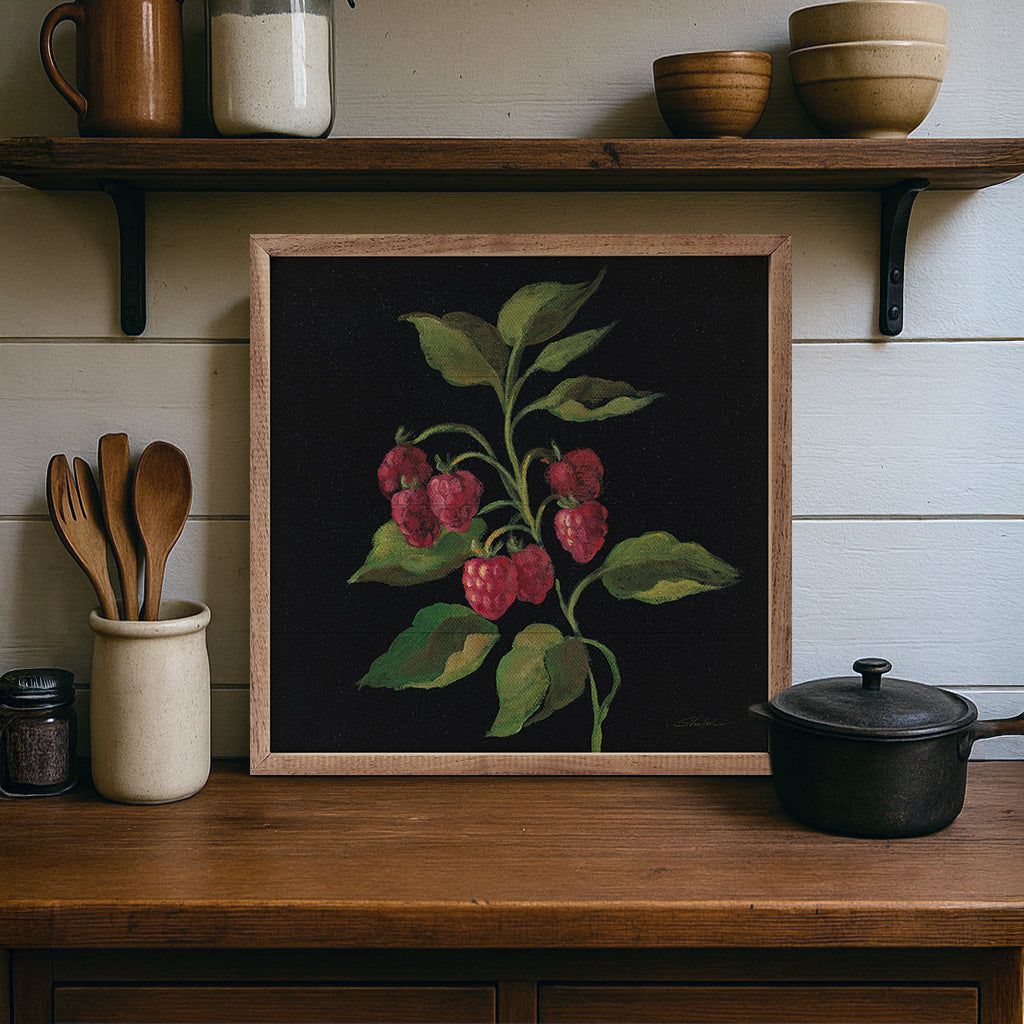 Walnut picture frame featuring floral artwork from Framboise by Silvia Vassileva, designed by Kendrick Home, 16x16 inches.