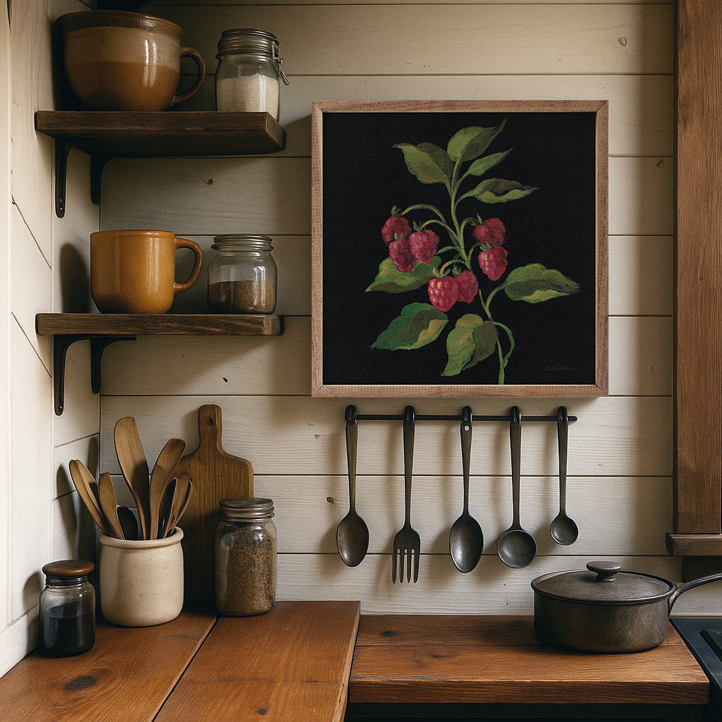 Walnut frame featuring artwork from Framboise by Silvia Vassileva, displayed in a close-up view showcasing intricate details.