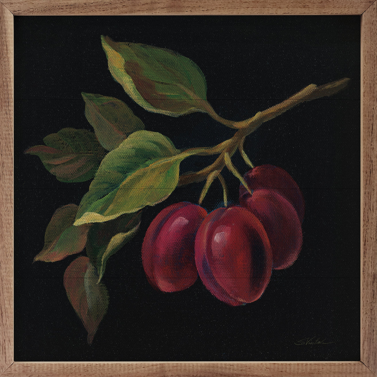 Walnut picture frame with prune artwork by Silvia Vassileva, displayed in a 16x16 inch Kendrick Home frame.