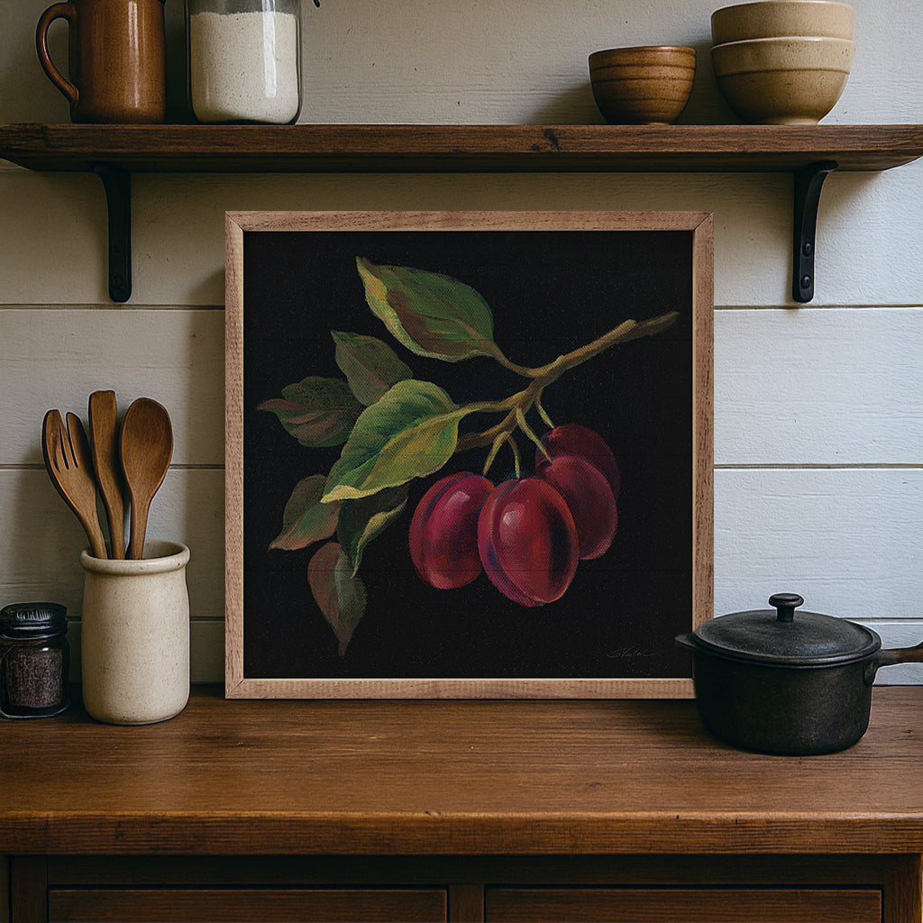 Walnut frame with prune artwork by Silvia Vassileva, displayed in a 16x16 inch Kendrick Home frame.