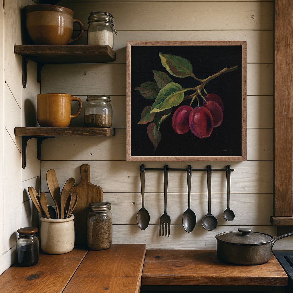 Walnut frame with prune-colored artwork by Silvia Vassileva, displayed in a 16x16 inch Kendrick Home frame.