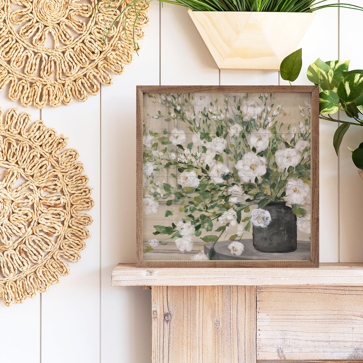 White bouquet gray vase by Julia Purinton in a walnut frame, displayed against a neutral background.