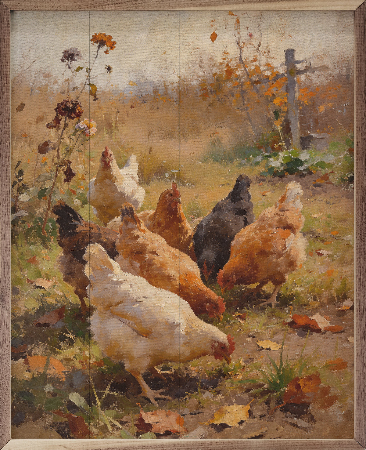 Walnut framed artwork titled Autumn Chickens by Kendrick Home, featuring colorful autumn chickens in a natural outdoor setting.