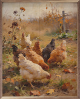 Walnut framed artwork titled Autumn Chickens by Kendrick Home, featuring colorful autumn chickens in a natural outdoor setting.