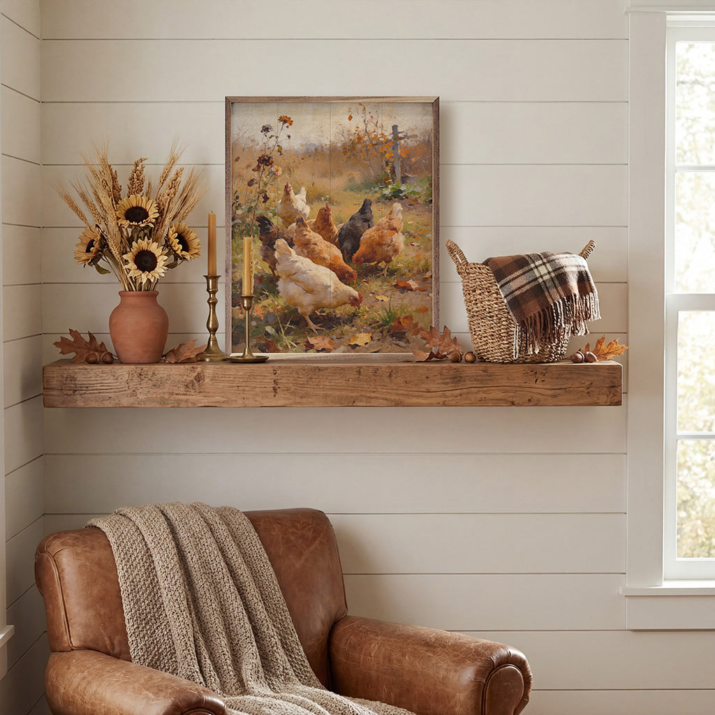 Walnut framed artwork titled Autumn Chickens by Kendrick Home, featuring a colorful autumn scene with chickens in natural detail.