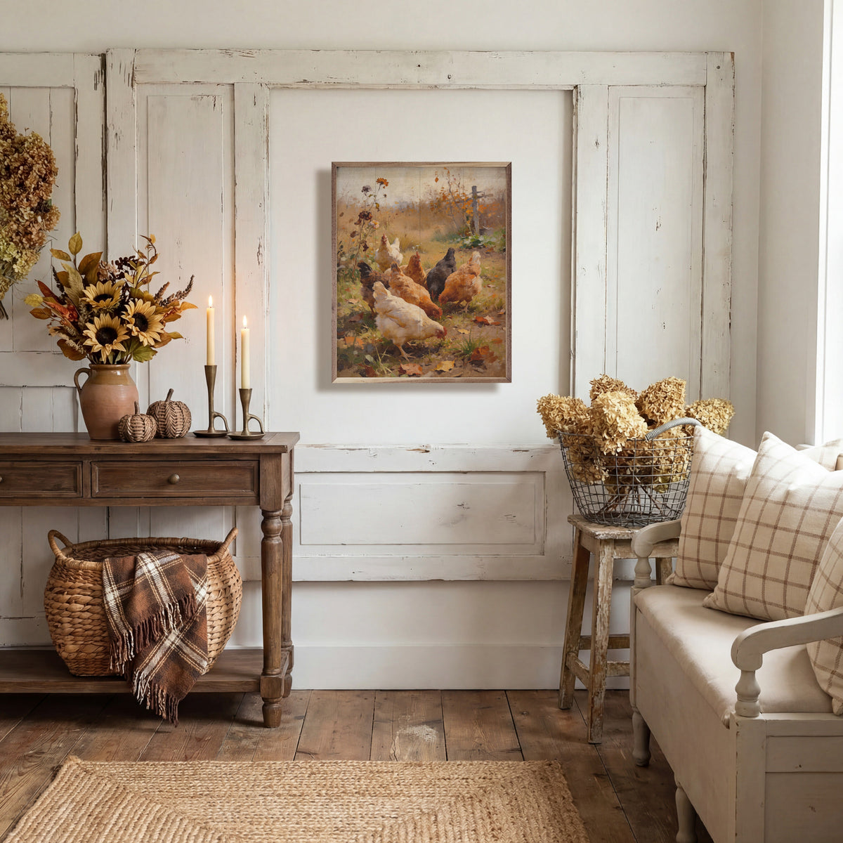 Walnut frame artwork titled Autumn Chickens by Kendrick Home, featuring colorful autumn chickens in a 16x20 inch display.