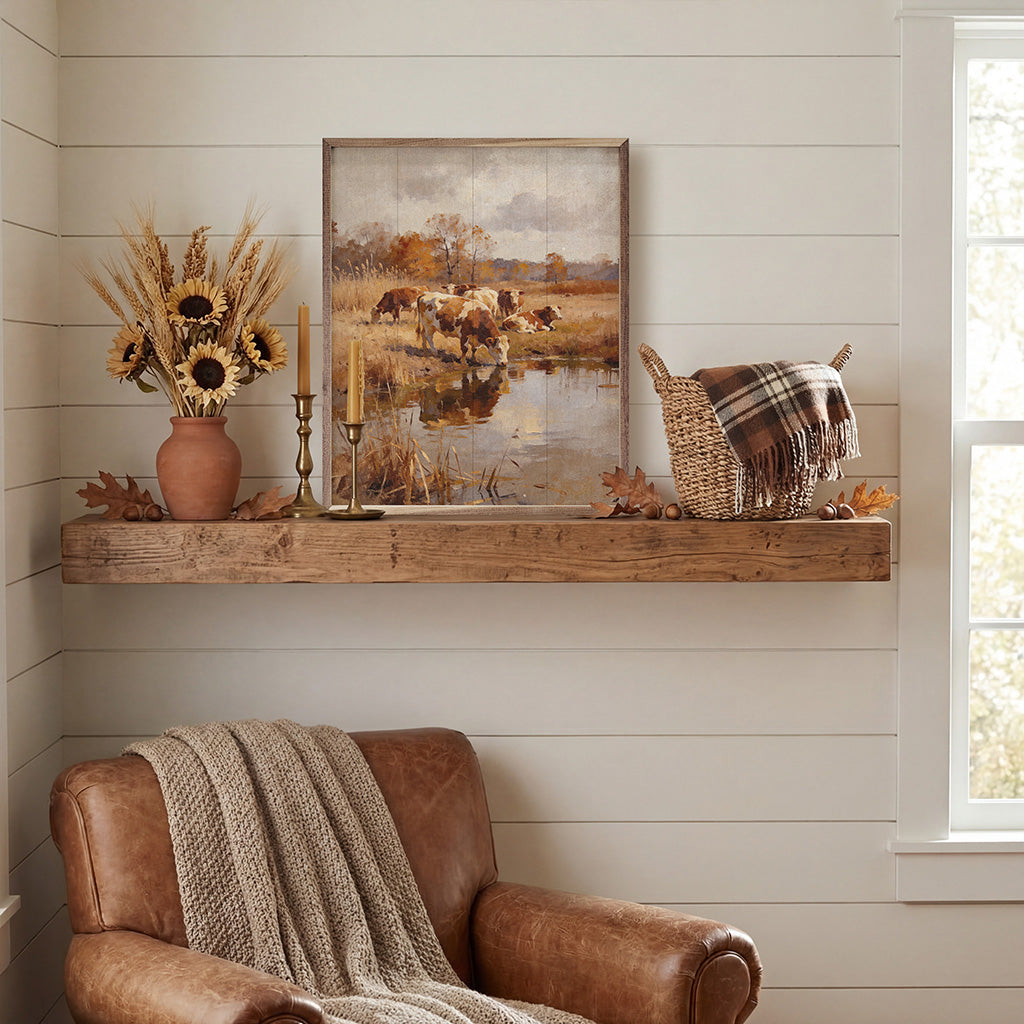 Walnut frame with a 16x20 print of Simmental cattle in autumn, showcasing farm livestock in a natural outdoor setting.