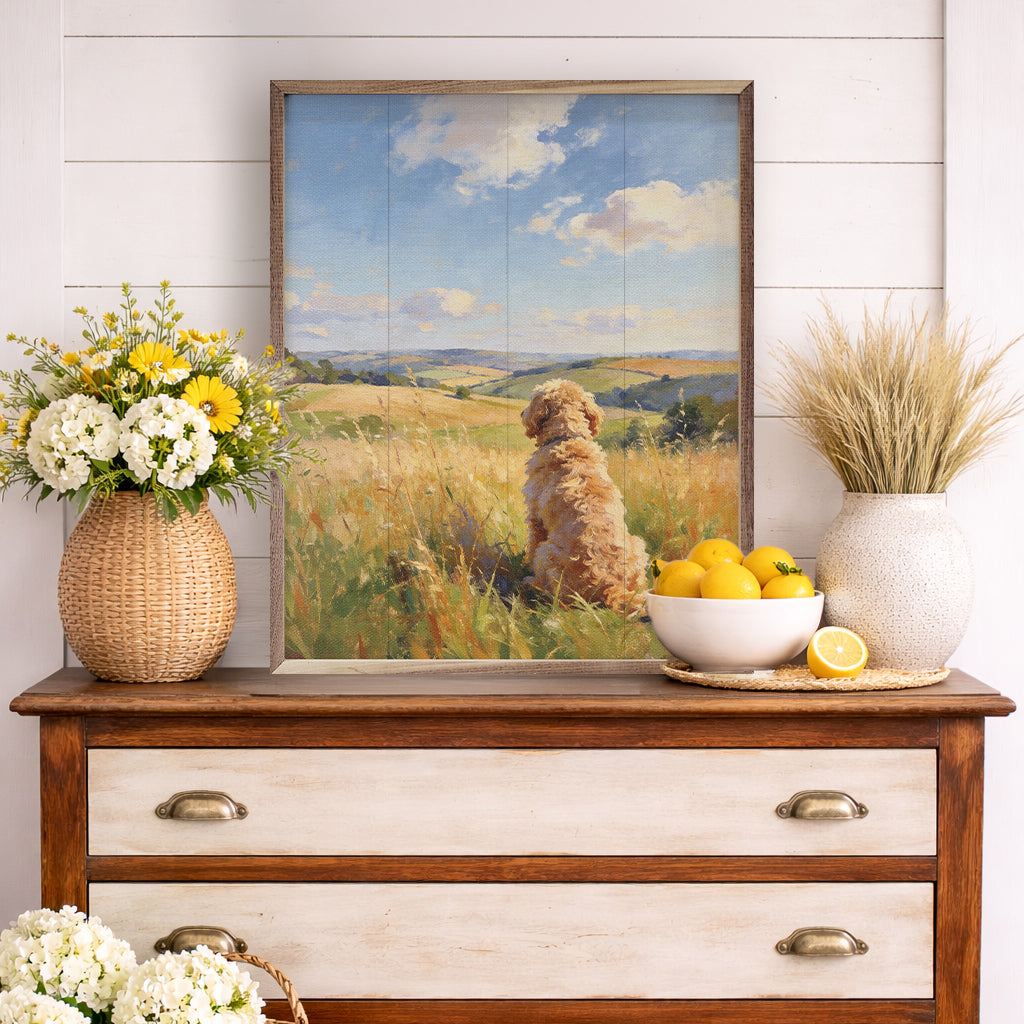 Walnut picture frame with a Sunny Day Goldendoodle artwork, 16x20 size, by Kendrick Home.