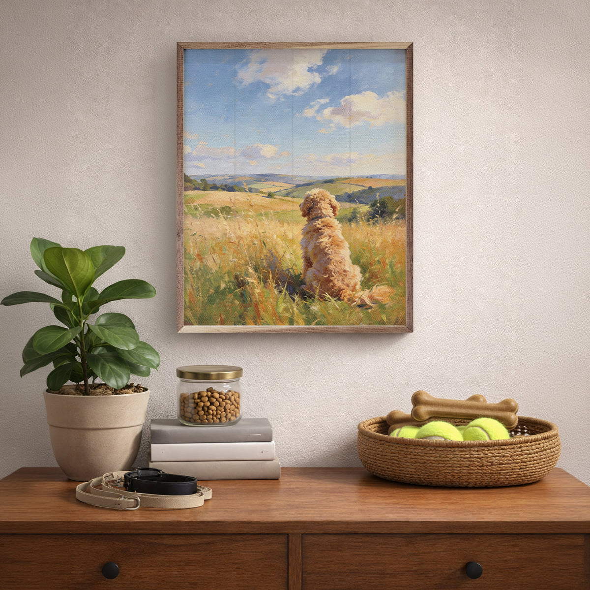 16x20 Walnut frame with a Sunny Day Goldendoodle portrait by Kendrick Home, showcasing a cheerful dog illustration.