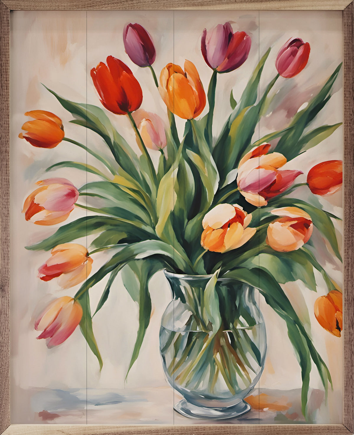 Bouquet of vibrant tulips in a clear glass vase displayed in a Kendrick Home Walnut Frames setting.