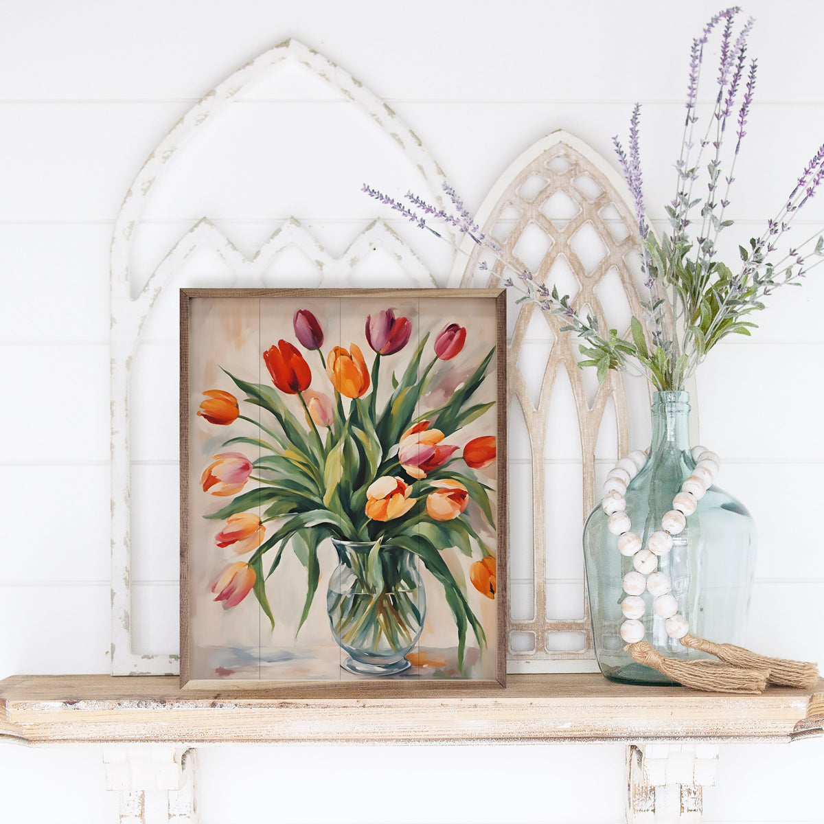Bright tulips in a clear vase displayed in a walnut frame, styled by Kendrick Home, on a white background.