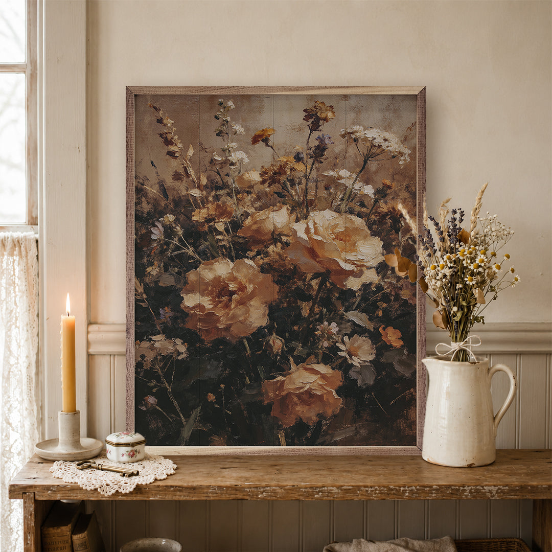 16x20 Walnut frame with artwork of a warm wildflower meadow, featuring vibrant wildflowers and natural woodland tones.