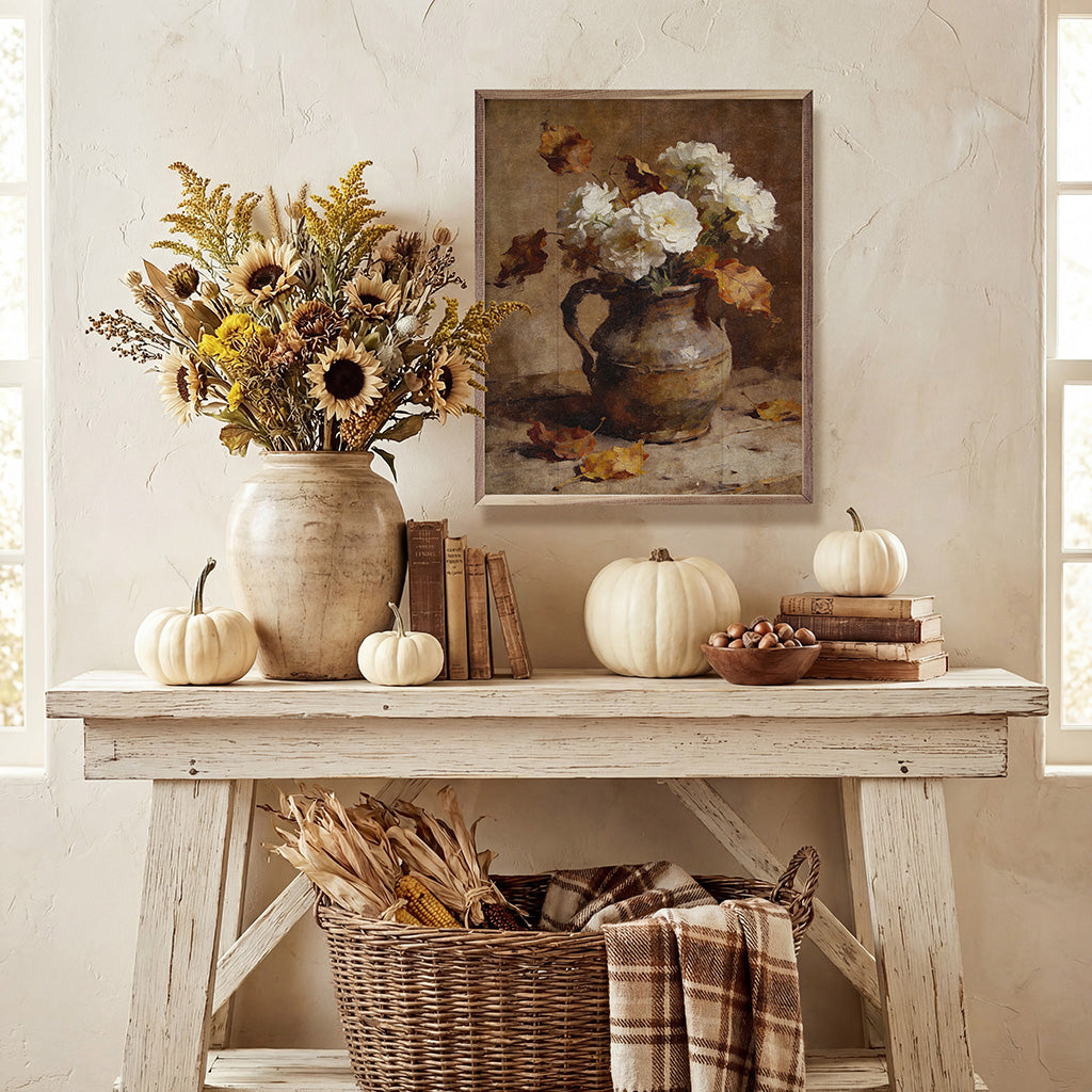 White flowers and beech leaves in a walnut frame, Kendrick Home 16x20 wall art featuring floral and botanical design.