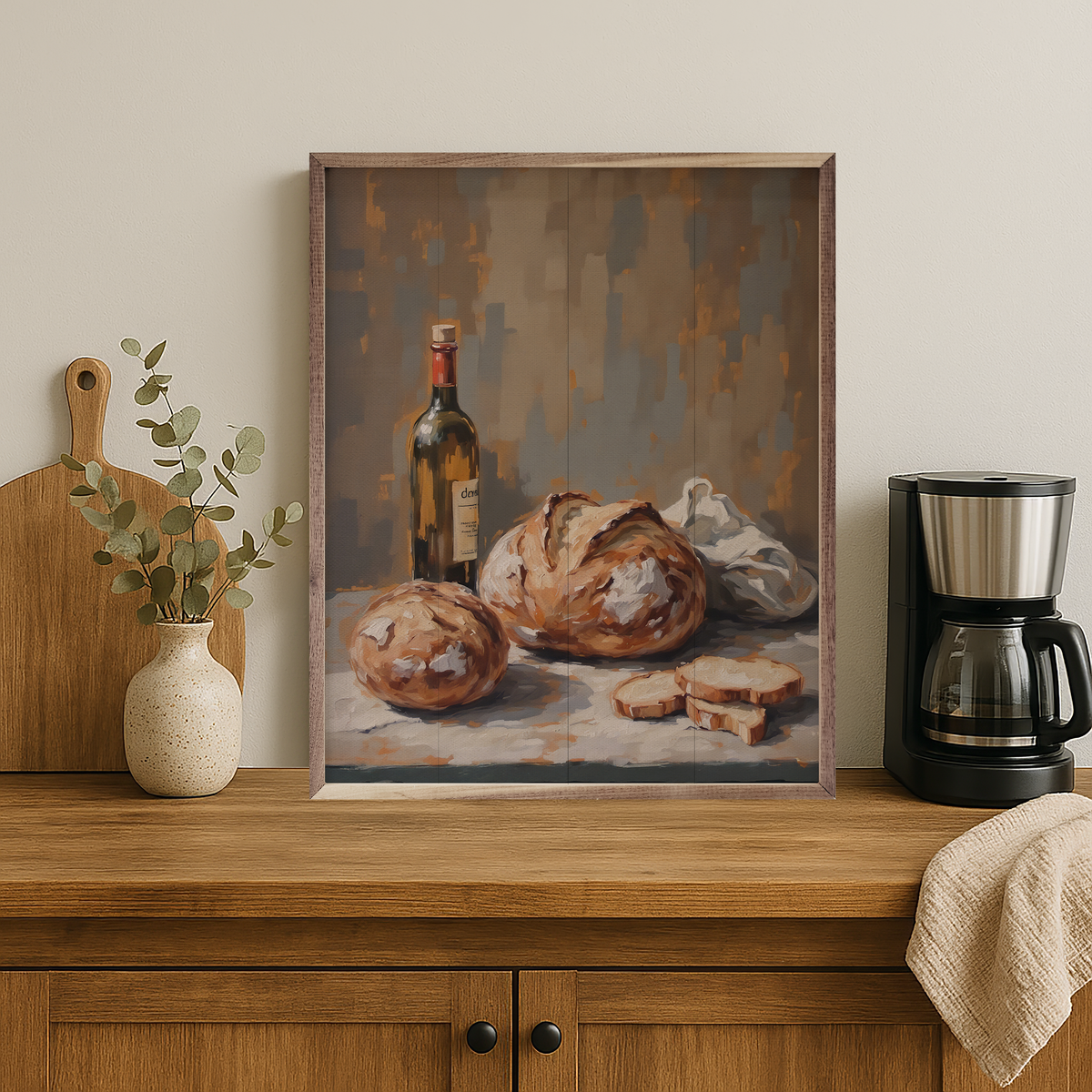 Walnut picture frame on a counter displaying a sourdough bread loaf, showcasing Kendrick Home’s Sourdough On The Counter print.