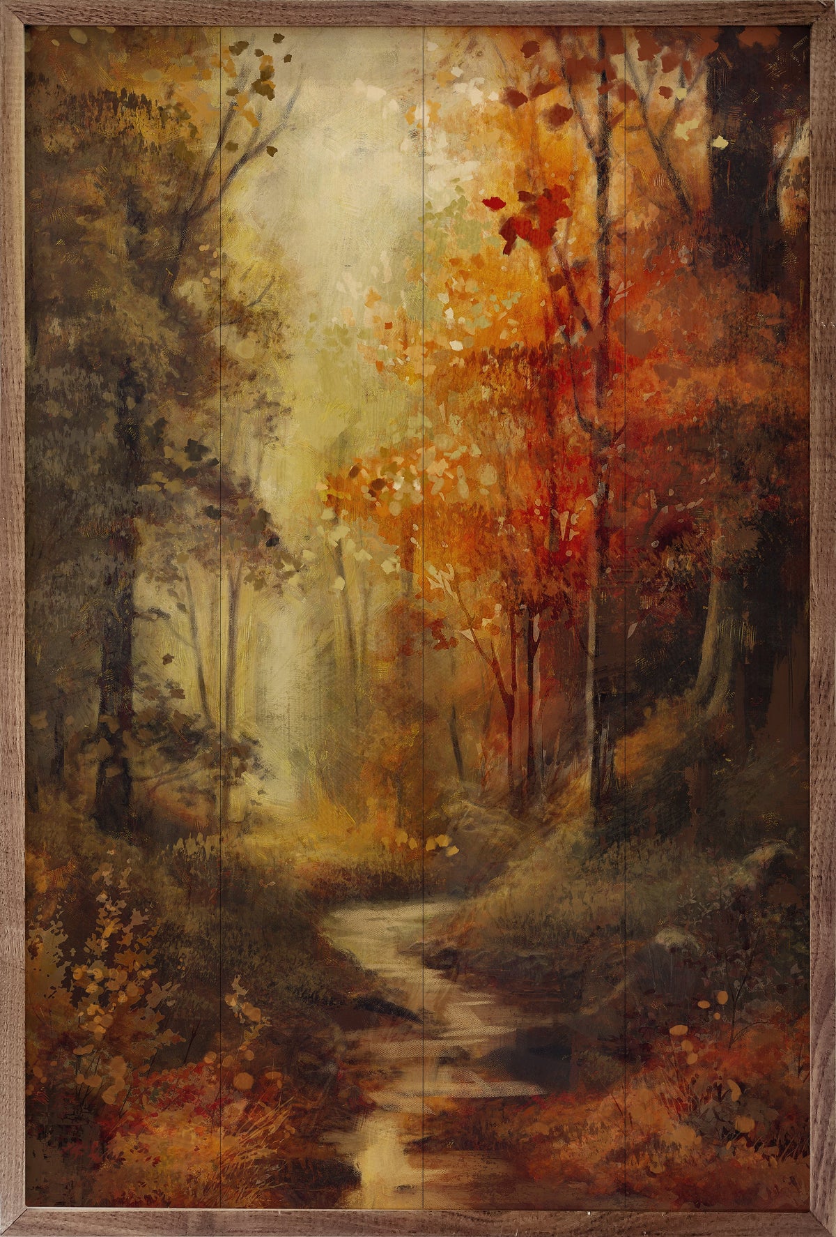 16x24 walnut frame with Nina Blue’s Vintage Fall Landscape 2 artwork, showcasing autumn trees in a warm, scenic fall scene.